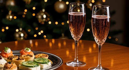 Celebration champagne glasses christmas tree party appetizers holiday season festive cheer elegant event