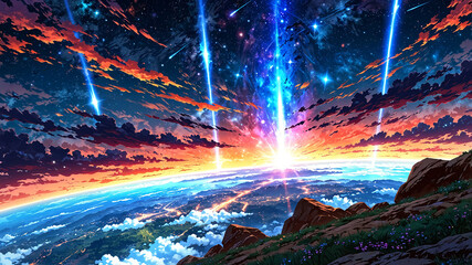 Obraz premium Epic Sci-Fi Space Landscape with Planets, Spaceship, and Floating City