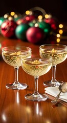 Celebration champagne christmas holiday party toast new year festive drink sparkling wine glasses ornament lights