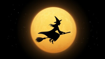 Silhouette of a Witch Flying on a Broomstick Against a Bright Full Moon at Night
