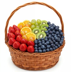 Decorative basket with mixed seasonal fruits in rainbow color order on white background