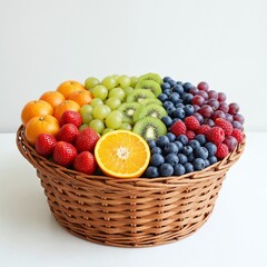 Decorative basket with mixed seasonal fruits in rainbow color order on white background
