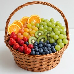 Decorative basket with mixed seasonal fruits in rainbow color order on white background