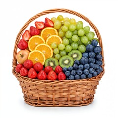 Decorative basket with mixed seasonal fruits in rainbow color order on white background