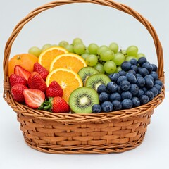 Decorative basket with mixed seasonal fruits in rainbow color order on white background
