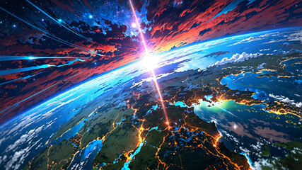 Obraz premium Epic Sci-Fi Space Landscape with Planets, Spaceship, and Floating City