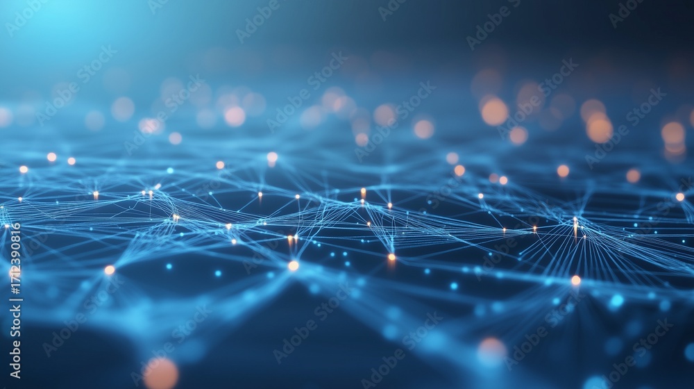 Poster 3d image of a wave of data. video of a network interconnected by data grids. computer gradient techn
