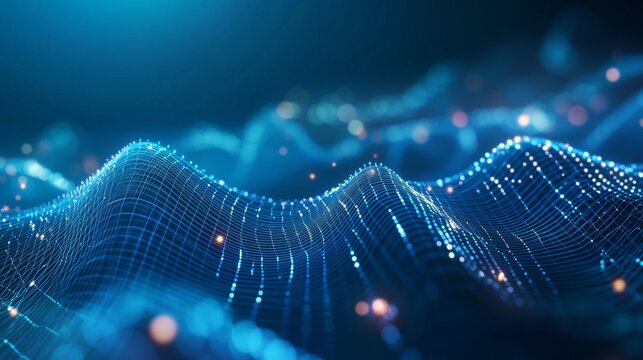 3d image of a wave of data. Video of a network interconnected by data grids. Computer gradient technology for business data interfaces blue. Three-dimensional depiction of a data lifestyle wave.
