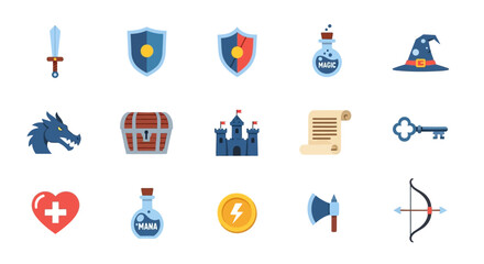 Fototapeta premium Fantasy Game Assets - Sword, Shield, Potion, Dragon, Castle, and More.