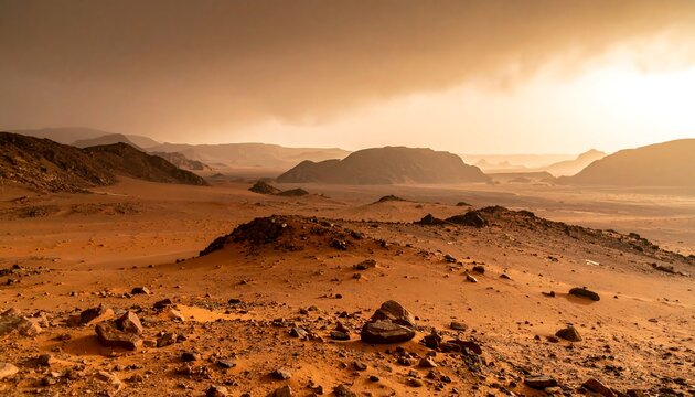 An expansive, desolate landscape under a dramatic sky. Mountains in the distance, dusty ground, a sense of isolation
