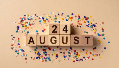 Wooden Blocks with Date 24 August. Calendar for birthday or anniversary on solid colored background with confetti