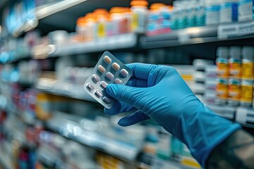 A gloved hand holds a blister pack of pills in front of a pharmacy shelf stocked with various medications