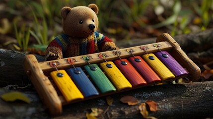 Teddy bear playing xylophone. Crafted xylophone crafted by a slavic musician. Close-up design of a bear with 4k resolution. A stuffed bear striking lifestyle a xylophone.