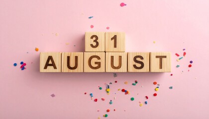 Wooden Blocks with Date 31 August. Calendar for birthday or anniversary on solid colored background with confetti