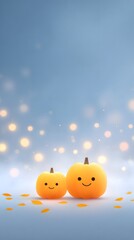 Naklejka premium Joy Monster Pumpkin Cheerful pumpkins with smiling faces against a soft blue background.