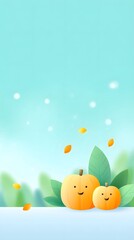 Joy Monster Pumpkin Cheerful pumpkins with smiling faces and leaves against a light blue background.