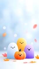 Joy Monster Pumpkin Cute ghost characters and a pumpkin with autumn leaves in a cheerful setting.