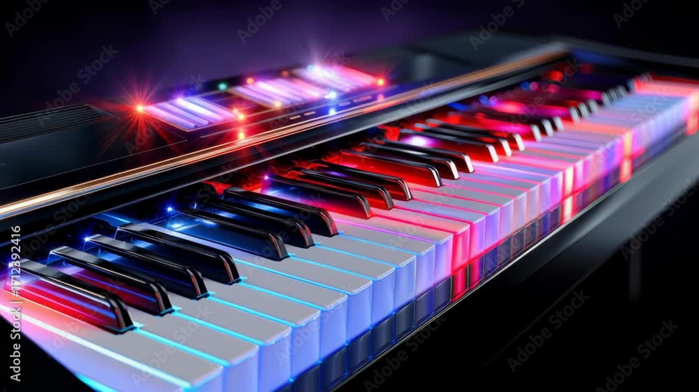 Aufkleber close-up view of a modern piano keyboard illuminated with colorful led lights