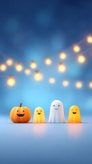 Joy Monster Pumpkin Cheerful Halloween decorations featuring a pumpkin and friendly ghosts with glowing lights in the background.