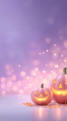 Joy Monster Pumpkin Three glowing pumpkins against a purple background with bokeh lights create a festive atmosphere.