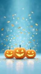 Joy Monster Pumpkin Cheerful Halloween pumpkins with confetti against a bright blue background.