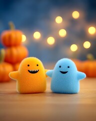 Joy Monster Pumpkin Two colorful, fluffy creatures with happy expressions against a festive background.