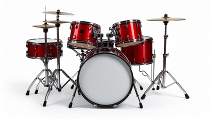 A glossy red drum set stands poised&mdash;bass, toms, snare, cymbals&mdash;against a white void. A metaphor for rhythmic agency and the choreography of expressive control.