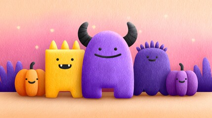 Joy Monster Pumpkin Colorful cartoon monsters and pumpkins with a whimsical background.