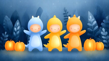 Joy Monster Pumpkin Three children in colorful dinosaur costumes stand among pumpkins in a whimsical setting.