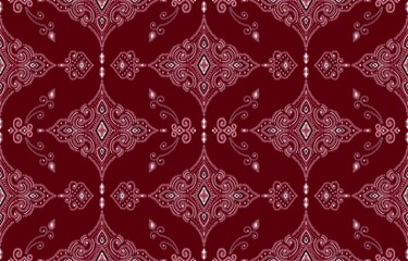 Ornate Burgundy Red Swirl Diamond Ikat Fabric Pattern