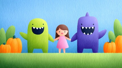Joy Monster Pumpkin A girl holds hands with two colorful monsters in a playful, cartoonish scene surrounded by pumpkins.