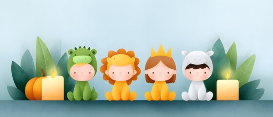 Joy Monster Pumpkin Cute children in animal costumes with candles and plants in a playful arrangement.