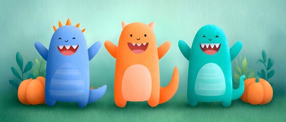 Joy Monster Pumpkin Colorful cartoon monsters smiling surrounded by pumpkins and greenery.