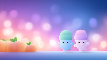 Joy Monster Pumpkin Cute ice cream characters walking against a colorful bokeh background with peaches.