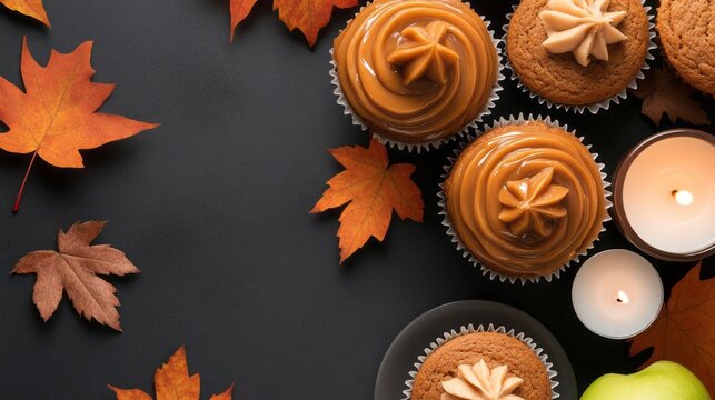 Autumn Dessert Table with Caramel Cupcakes and Fall Leaves on Dark Background