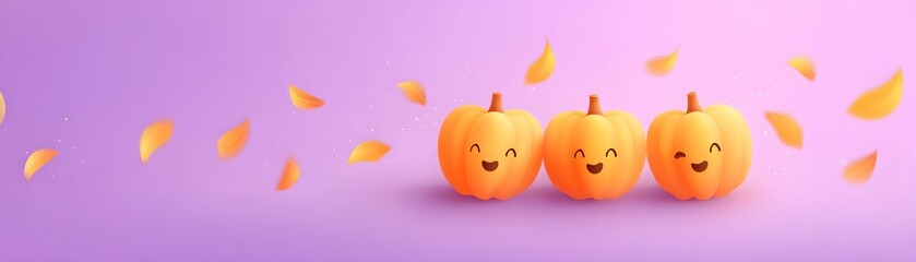Joy Monster Pumpkin Three happy pumpkins with falling leaves on a purple background.