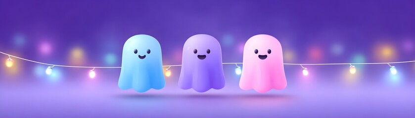 Joy Monster Pumpkin Colorful cartoon ghosts with smiling faces and festive lights in a playful atmosphere.