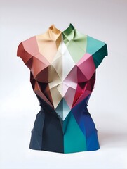 Stylized geometric torso with multicolored polygonal surfaces. Abstract modern artwork exploring human form and color balance.