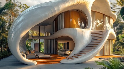 A house inspired by the spiral shell of a snail, with curved walls and a spiral staircase that winds through the center of the building.