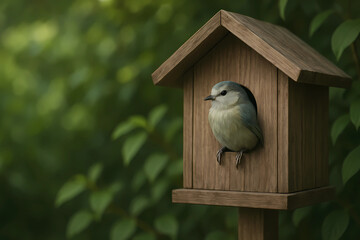 The trend towards creating shelters for wild animals. A cozy birdhouse on a tree, surrounded by beautiful greenery, a beautiful summer landscape.