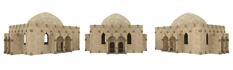 Arabian church building with domed roof. Isolated 3D rendered illustration from 3 angles.