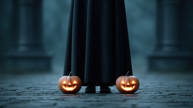 Mysterious figure with glowing pumpkins in dark setting, perfect for Halloween themes and eerie atmospheres