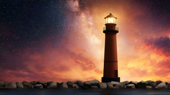 Lighthouse Concept. Lighthouse illuminated against a dramatic sunset and starry sky. - Powered by Adobe