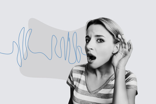 Composite creative art collage of astonished girl hold hand ear rumors gossip listener deaf secret whisper isolated on painted background