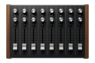 Analog audio mixer with 8 mono channels, EQ controls, and wooden side panels