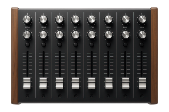 Analog audio mixer with 8 mono channels, EQ controls, and wooden side panels