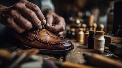 Medium shot of a cobbler handstitching a leather shoe sole with blurred tools and materials in the background highlighting detailed leather craftsmanship.