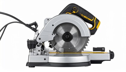 A miter saw with circular blade and pivoting arm rests on a stable base—evoking crafted precision, symbolic craftsmanship, and the rhythm of angular control in the language of construction.