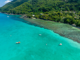 Aerial View, seychellen, Mahe, Port Glaud and Port launay Beach with sailingboat