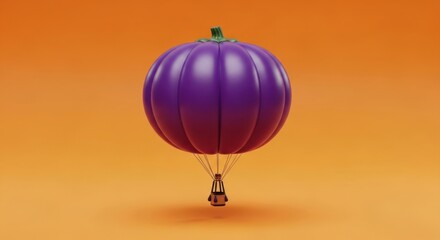 Obraz premium Purple pumpkin hot air balloon floating on an orange background